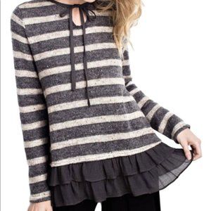Easel Ruffle Striped Pullover Sweater | Charcoal Grey Tan | Size Large